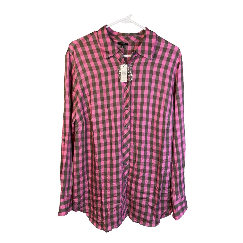 NEW Talbots‎ Plaid Shirt Women's 1X Long Sleeve Button Up Pink Checkered Top